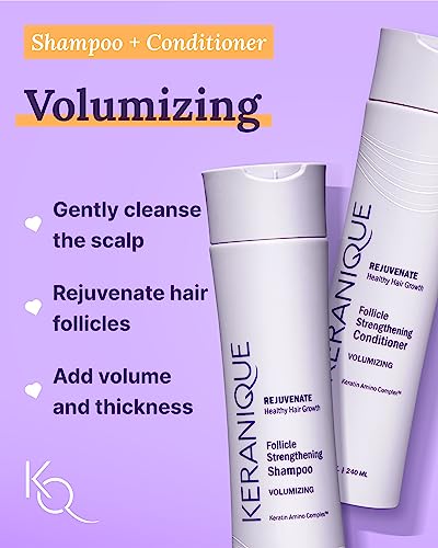 Keranique Volumizing Shampoo and Conditioner Set with Thickening Mousse - Keratin Enriched Volume Kit for Thinning, Fine, Damaged, Dry Hair - Color Safe, Sulfate Free, No Alcohol Formula for Women
