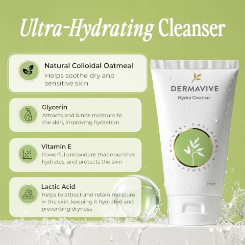 Dermavive Hydrating Facial Cleanser, Soap-Free Gentle Cleanser with Colloidal Oatmeal & Vitamin E, Soothes & Moisturizes Sensitive & Dry Skin