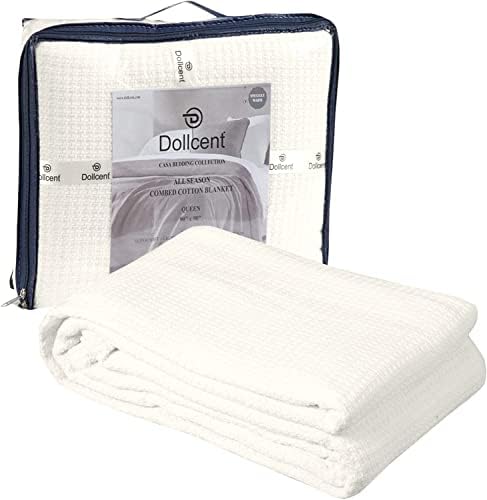 DOLLCENT 100% Cotton Queen Size Blanket for Bed, Premium Soft Combed Lightweight Blankets, Washed Breathable Cozy Bed Throw Blanket, Ivory Queen Cotton Blankets for All Season: Ivory (90"x90")