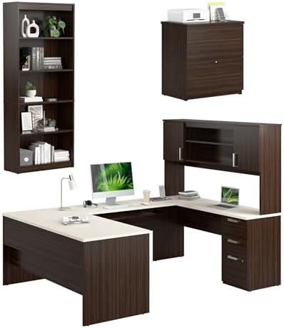 Bestar, Ridgeley Collection, 3-Piece Set Including a U-Shaped Desk with Hutch, a Lateral File Cabinet, and a Bookcase