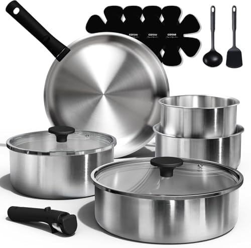 CAROTE 15pcs Tri-Ply Stainless Steel Cookware Set with Detachable Handle | Pots and Pans Set, Even Heating, Non-Toxic, Induction Compatible