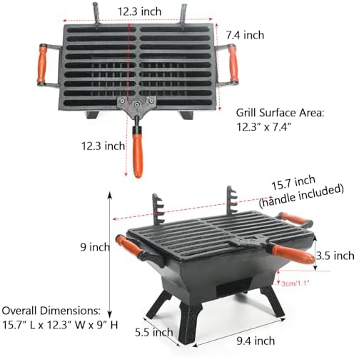 Sungmor Compact Cast Iron Charcoal Grill - Tabletop BBQ Grill with Adjustable Grate & Wooden Handles