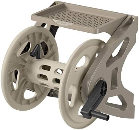 Suncast Handler Durable Hard Plastic Wall Mounted Outdoor Retractable Garden Hose Reel with Storage Tray and 200 Feet Hose Capacity, Taupe