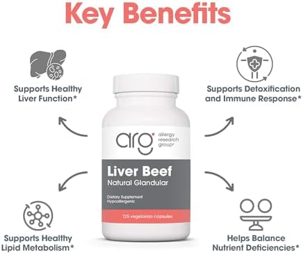 Allergy Research Group ARG Liver Beef Natural Glandular - 1000 mg Bovine Liver - Supports Liver Function - Hypoallergenic Formula - 62 Servings