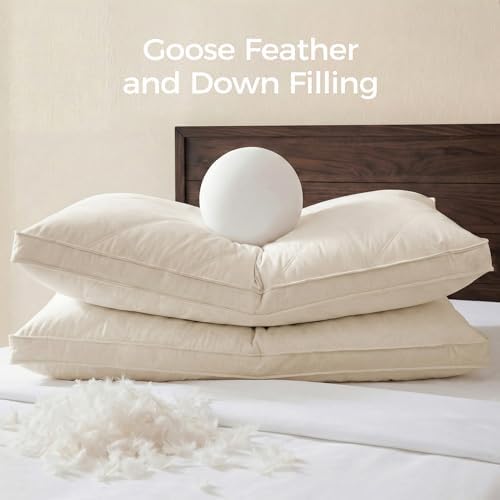 puredown® Goose Feathers and Down Pillow for Sleeping Hotel Collection Bed Pillows, Gusseted, Queen, Set of 2