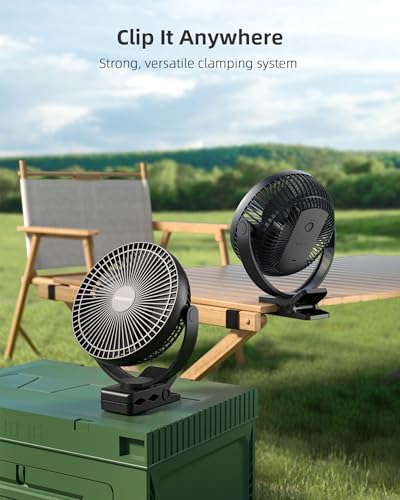 Koonie 8" Clip on Fan, 10000mAh Rechargeable Battery, Strong Airflow, Black