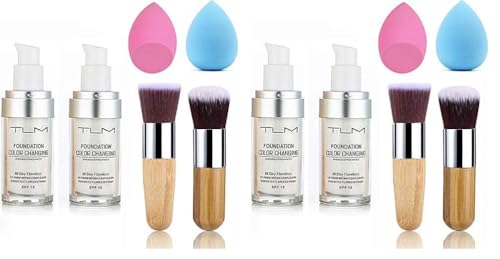 2pcs TLM Color Changing Foundation Liquid with 2 Brushes and 2 Cosmetics Sponge Flawless Full Coverage Natural Color Face Primer Base Makeup 30ml