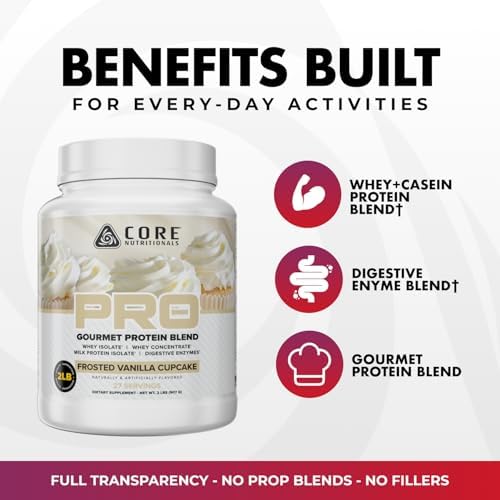 Core Nutritionals Pro Sustained Release Protein Blend, Digestive Enzyme Blend, 25G Protein, 2G Carb, 28 Servings (Frosted Vanilla Cupcake)