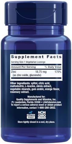 Life Extension Zinc Lozenges – Citrus-Orange Flavor – for Healthy Protein Synthesis & Immune Health - Inflammation Management Supplement - Gluten-Free, Non-GMO – 60 Vegetarian Lozenges | Made with Zinc Oxide & Zinc Gluconate, Fast-Acting Formula, Tasty C…