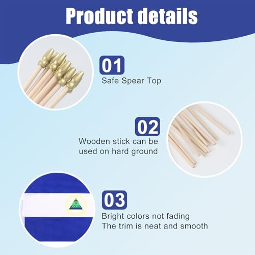 12 Pack Nicaragua Miniature Small Wooden Stick Flags Nicaraguans Mini Handheld Flag Patio Lawn & Garden Outdoor Decorations,8x5 Inch