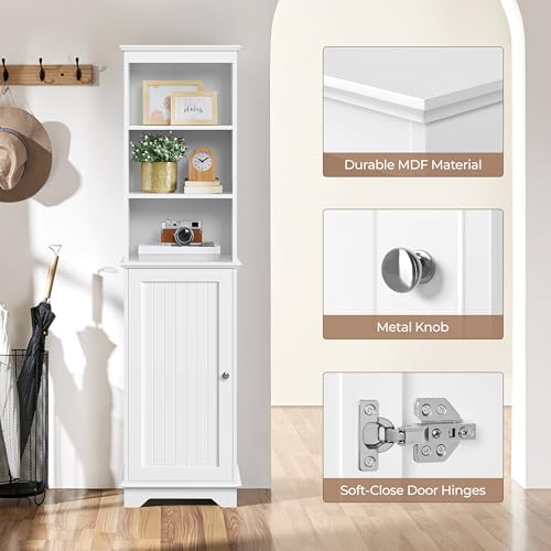 Yaheetech Tall Narrow Bathroom Storage Cabinet with Door and Shelves, White | Linen Closet for Towels, Toiletries and Laundry, Open Display Shelves