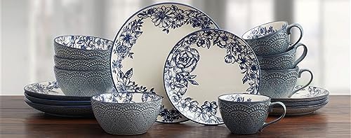 Pfaltzgraff Gabriela Blue 16-Piece Dinnerware Set, Service for 4, Durable Stoneware Plates, Bowls, and Mugs with Elegant Blue Pattern, Dishwasher Safe