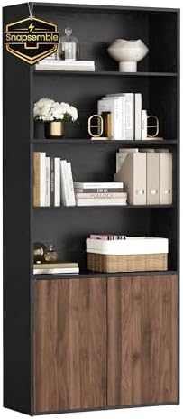 SONGMICS HOME Book Shelf, Snapsemble Superfast Assembly, 6-Tier Floor Standing Bookcase with Doors and Adjustable Shelves, 70.4 Inches Tall for Bedroom Study Living Room, Snow White