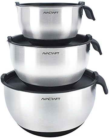 AVACRAFT 18/10 Stainless Steel Mixing Bowls with Lids, non slip silicone base bowls with Handle, Mixing Bowl Set with Pour Spouts & Measurement Marks, Home Essentials Cooking Bowls, (Red)