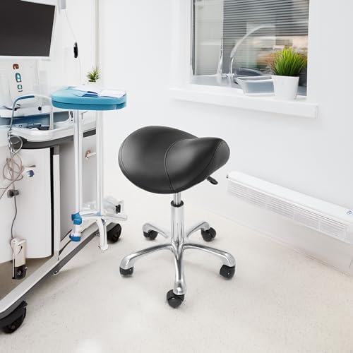 Saloniture Professional Ergonomic Saddle Stool, Black - Adjustable Hydraulic Seat, Rolling Spa Salon, Massage