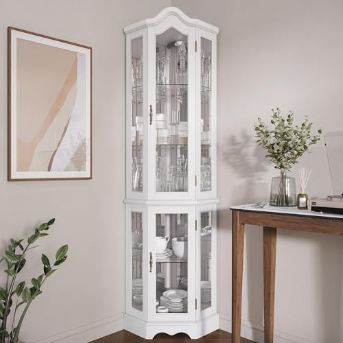 BELLEZE Lighted Corner Display Curved Top Curio Cabinet Wooden Shelving Unit with Tempered Glass Door