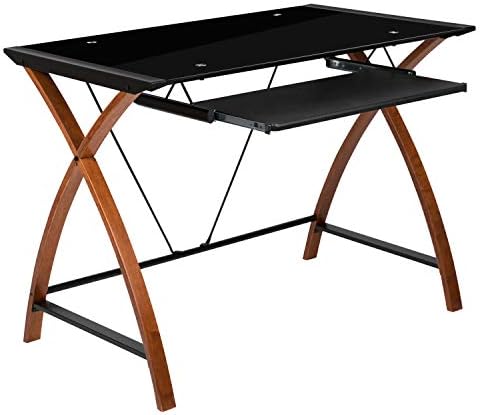 Flash Furniture Jude Tempered Glass Computer Desk with Pull-Out Keyboard Tray and Crisscross Frame, Small Computer Desk for Home Office, Cherry/Clear