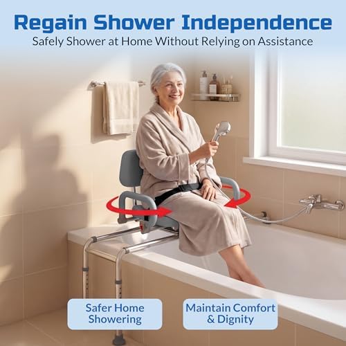 Carousel Sliding Shower Chair Tub Transfer Bench with Swivel Seat Elderly | Slide Safely In & Out of the Tub - Blue, padded seat, padded armrests, swivel seat, backrest, portable, tool-free assembly
