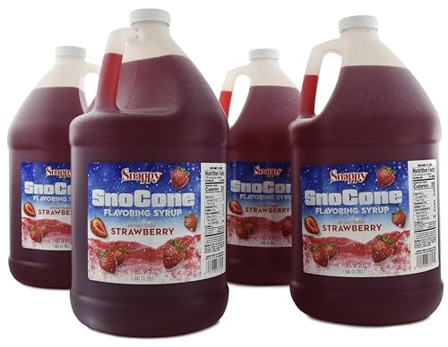 Snappy Strawberry Sno Cone Syrup, 1 Gallon 4 Pack, Ready to Use for Snow Cone Machines and Shaved Ice