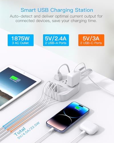 One Beat Power Strip with USB C, 3 Outlets 4 USB Ports (22.5W/4.5A), 6ft