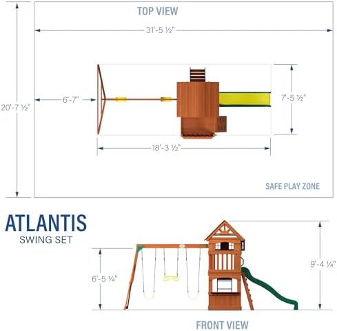 Backyard Discovery Atlantis Cedar Wood Swing Set with Wave Slide, Raised Clubhouse, Rock Wall, Belt Swings, Trapeze, Balcony, Lower Play Space