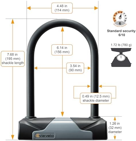 Bike U Lock with Cable - Via Velo Heavy Duty Bicycle U-Lock,14mm Shackle and 10mm x1.8m Cable with Mounting Bracket for Road, Mountain, Electric & Folding Bike