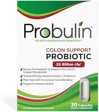 Probulin Colon Support Daily Probiotic + Prebiotic + Support Gut Health, Occasional Gas and Bloating - 20 Billion CFU - 12 Strains, 30 Vegan Capsules