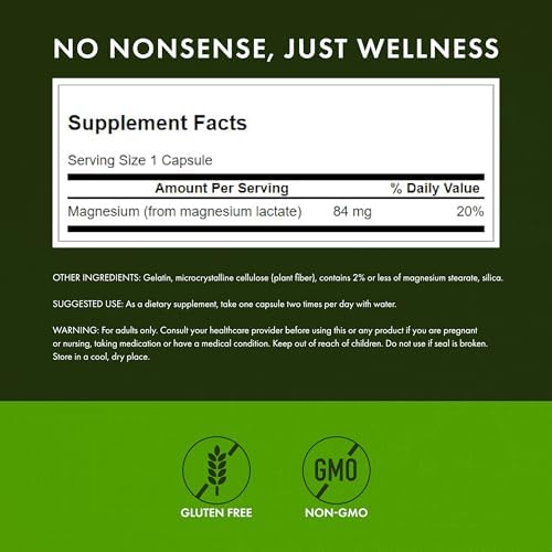 Swanson Magnesium Lactate Lactose-Free, 84 mg, 120 Capsules | Lactose-Free Mineral Supplement for Muscle and Bone Health Support, Gentle on the Stomach, Non-GMO and Gluten-Free