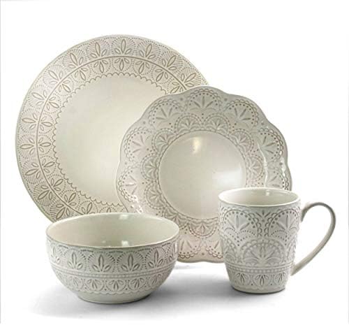Elama White Lace 16 Piece Round Scallop Stoneware Dinnerware Set in White