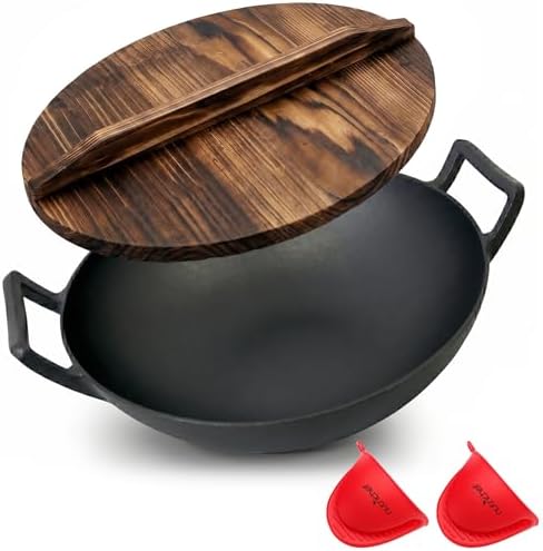 NutriChef 14" Cast Iron Wok with Wooden Lid - Pre-Seasoned Kadai for Stir-Fry with Loop Handles, Compatible with Multiple Cooktops Including Induction