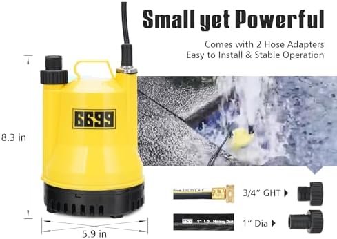 1/6HP Portable Utility Pump Submersible Small Backup Sump Pump Draining Tool to Remove Water from Flooding House Basement Pool Tankless Heater