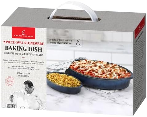 Emeril Lagasse 2-Piece Oval Stoneware Baking Dish Set - Versatile 1 & 2 Qt, for Baking, Perfect Casseroles, Roasts, Cake, Lasagna Pan, Microwave, Oven