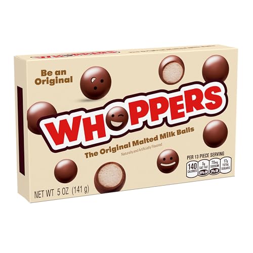 WHOPPERS Malted Milk Balls Candy Box, 5 oz | Crunchy malted milk balls coated in chocolate flavored candy for movie nights and snack breaks.