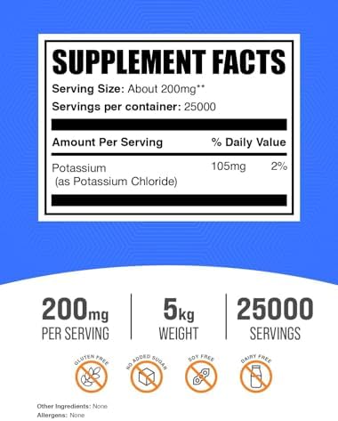 BulkSupplements.com Potassium Chloride Powder - Salt Substitute, Potassium Salt - Gluten Free, 200mg per Serving, 1kg (2.2 lbs) (Pack of 1)