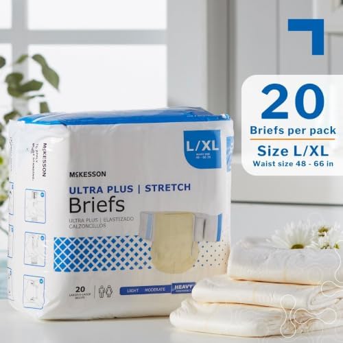 McKesson Ultra Plus Stretch Briefs, L/XL, Heavy Absorbency, 66 in, 80 ct | Unisex, Disposable, Elastic Leg Gathers and Contoured Fit for Men and Women, Incontinence