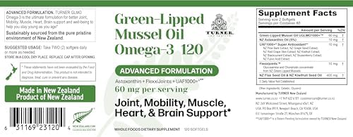 TURNER Omega-3 New Zealand Green Lipped Mussel Oil, 53x Higher Potency with UAF1000+ Super Antioxidant for Superior Joint Comfort & Mobility
