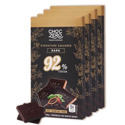 ChocZero 70% Cocoa Sugar Free Dark Chocolate Squares, Vegan, 4 Pack | No Sugar Alcohols, Keto, Low Carb, High Fiber, Gluten Free, 32 Total Candy Squares