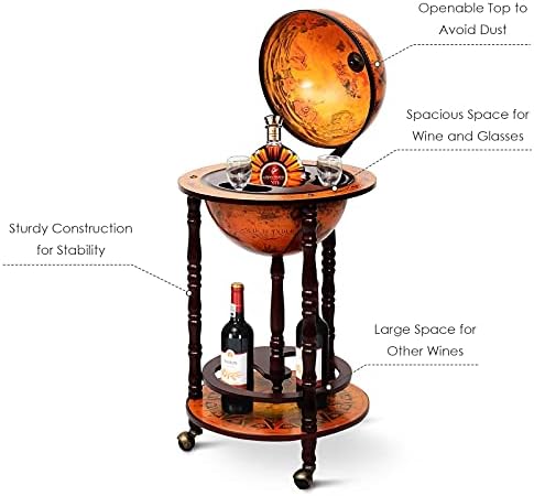 LDAILY Moccha 17” Globe Wood Wine Bar Stand, 16th Century Italian Replica Liquor Bottle Shelf w/Wheels, Wood Wine Cart Cabinet w/Bottom Shelf
