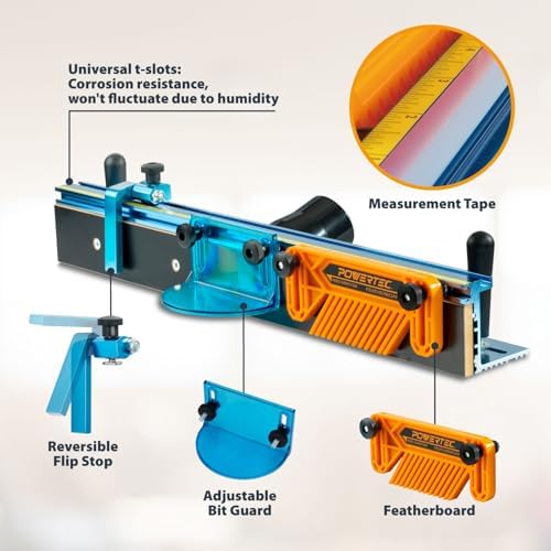 POWERTEC Router Table Fence Kit Deluxe System 3-3/8” Tall 24" Long, Router Table Top, Routing Tables for Woodworking w/Reversible Flip Stop