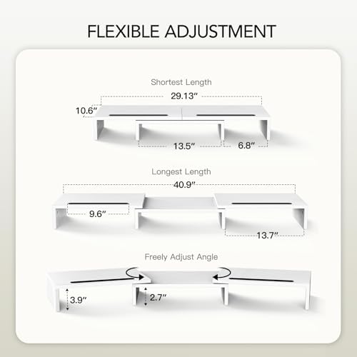 AMERIERGO Dual Monitor Stand Riser- 3 Shelf Screen Stand with Adjustable Length and Angle, 2 Extra Functional Slot Desktop Organizer Stand for PC