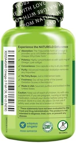 NATURELO Burpless Omega 3 Fish Oil Supplement, 1100mg, 60 Softgels | Triglyceride omega-3, omega 3 DHA EPA, liquid fish oil, 2 months supply