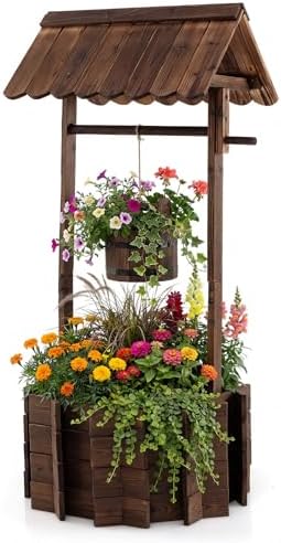 Giantex Wooden Wishing Well Planter with Hanging Bucket, Carbonized Fir Wood Outdoor Garden Planter for Flowers