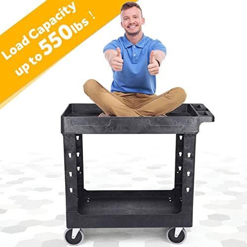 2-Tier Utility Rolling Cart, 34 x 17 in, 5" Swivel Wheels, 550lb | Deep Tub Shelves, Plastic Service Cart, Work Cart, Tool Cart, Tub Storage Organizer
