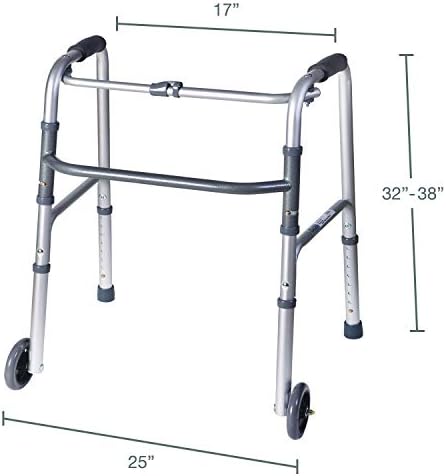 DMI Lightweight Aluminum Folding Walker with Single Release, 5 Inch Wheels, Adjustable Height, No Assembly Needed, Silver, 250 lb Weight Capacity