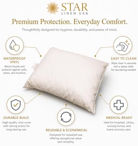 2 Pack MediCheck White Vinyl Covered Bed Pillows - Wipeable Easy Clean - Soft Low Profile Non-Fluffy Support - Not an Encasement or Zippered