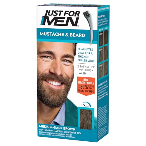 JUST FOR MEN Mustache & Beard Dye, Keratin, Light-Medium Brown M-30 (3 Pk) | Mustache & Beard color light-medium brown designed for facial hair to instantly eliminate gray. Enhanced with keratin.