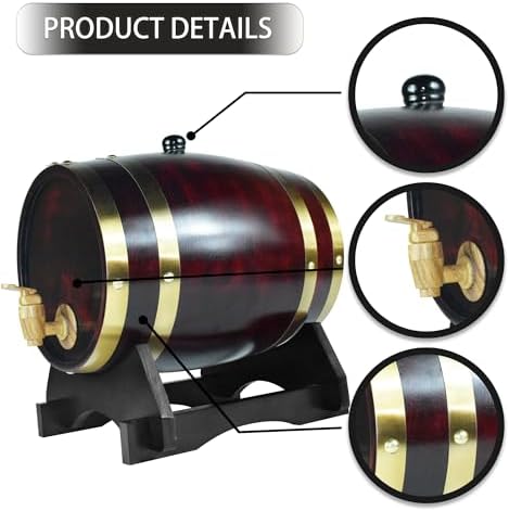 1.5L Whiskey Barrel Dispenser Oak Aging Barrels Home Whiskey Barrel Decanter for Wine, Spirits, Beer, and Liquor (Red Wine)