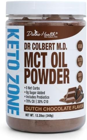 Dr. Colbert's MCT Oil Powder | Dutch Chocolate Flavor | by Divine Health | Keto Zone | 70% C8 | 30% C10 | 0 Net Carbs | Gluten Free | 30 Day Supply