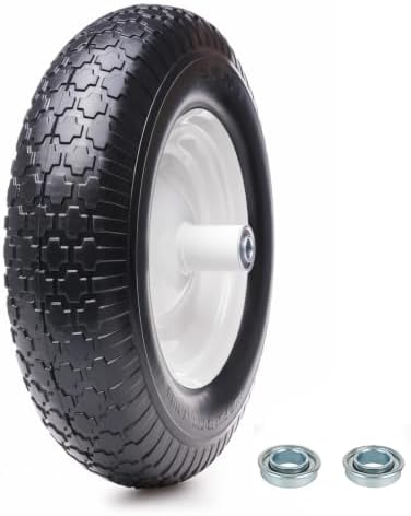 16" 4.80/4.00-8 Flat Free Solid Polyurethane Tire and Wheel with 2Pcs 3/4" Bearing, 1 Pack PU Airless Tires with 5/8" Ball Bearings 6" Iron Hub for Hand Truck/Tool Cart/Garden Carts, 1 Pc