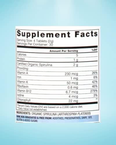 Organic Spirulina Tablets - 120 Tablets | Organic, Non-GMO, No Additives or Fillers - 500mg Premium Quality Dietary Supplement with Vitamins, Minerals, & Antioxidants